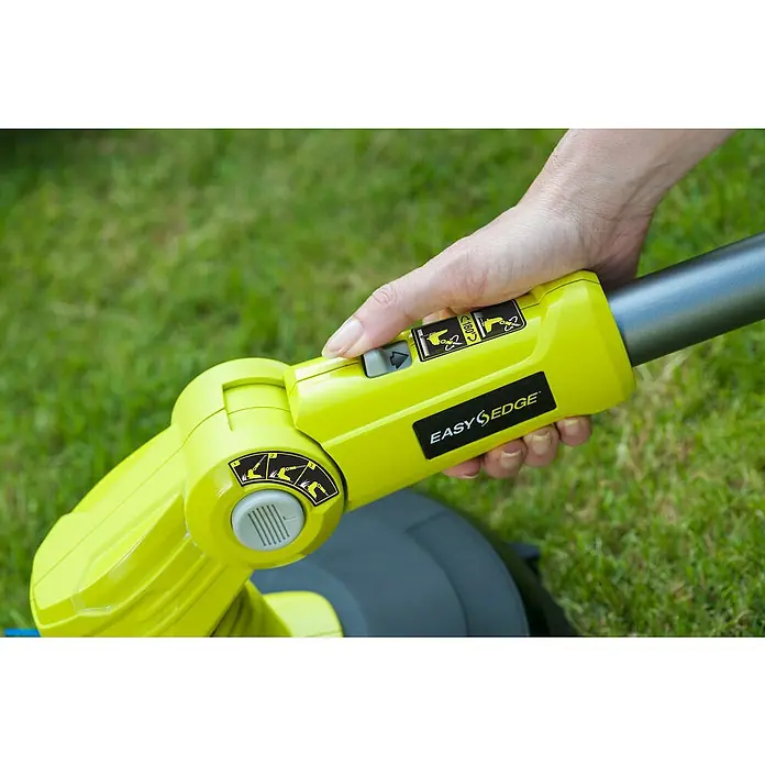 Ryobi ONE+ Akku-Rasentrimmer OLT1832 - 18 V, Li-Ionen, Ohne Akku - Nahaufnahme eines gelben EASY EDGE Rasentrimmers, der von einer Hand gehalten wird, mit Fokus auf die Bedienelemente.