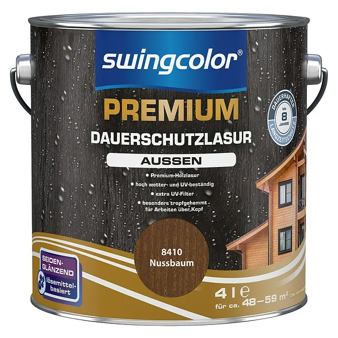 swingcolor Premium Holzlasur - Nussbaum, 4 l, Seidenglänzend - Abbildung einer Dose Swingcolor Premium Dauerschutzlasur Nussbaum 8410, seiden-glänzend und lösemittelbasiert für den Außenbereich.