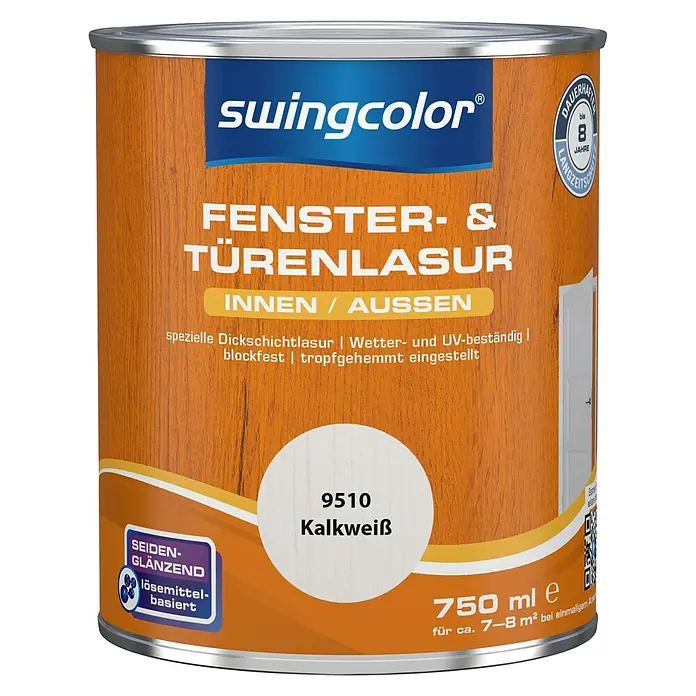 swingcolor Fenster- & Türenlasur - Kalkweiß, 750 ml, Seidenglänzend - Fenster- und Türenlasur von Swingcolor in Kalkweiß. Für Innen- und Außenbereiche, seidenglänzend, lösemittelbasiert und mit 750 ml Inhalt.