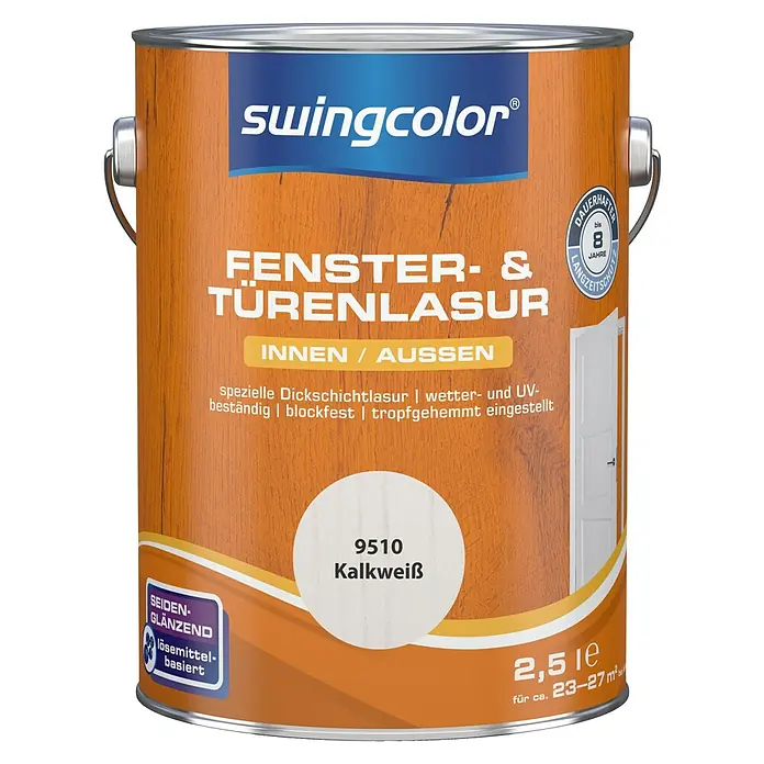 swingcolor Fenster- & Türenlasur - Kalkweiß, 2,5 l, Seidenglänzend - Dose Swingcolor Fenster- & Türenlasur, Kalkweiß 9510, seidenglänzend, lösemittelbasiert, für Innen und Aussen, 2,5 l für ca. 23-27 m².