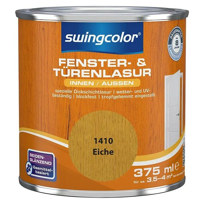 swingcolor Fenster- & Türenlasur - Eiche, 375 ml, Seidenglänzend - Fenster- und Türenlasur von Swingcolor in Eiche. Für den Innen- und Aussenbereich, seidenglänzend, lösemittelbasiert. Bis zu 8 Jahre Schutz.