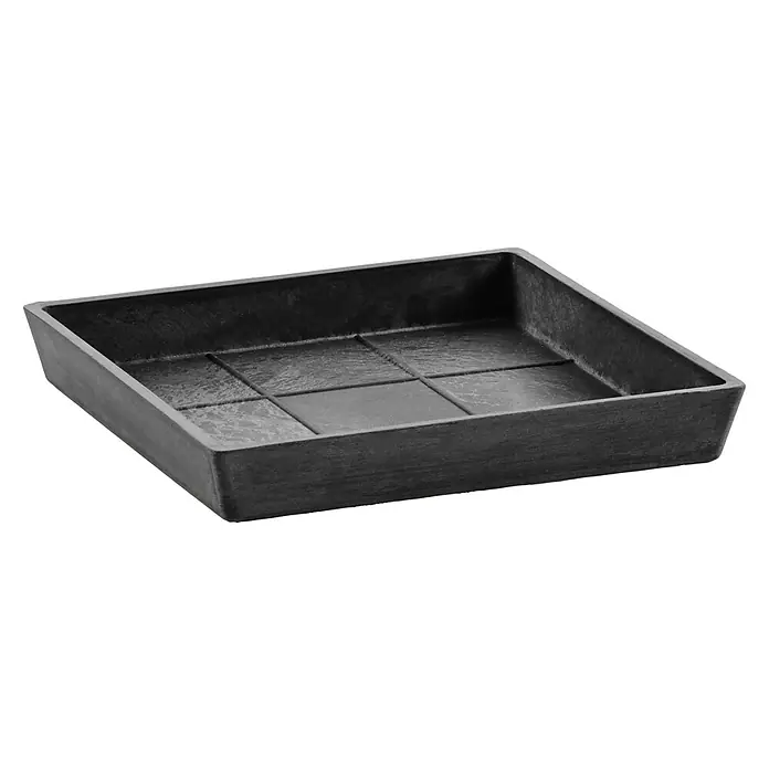 Ecopots Rotterdam Kasten-Untersetzer - 16,5 x 16 x 2,5 cm, Kunststoff, Dunkelgrau - Hier ist eine rechteckige schwarze Pflanzschale, ideal für den Innen- und Außenbereich, mit strukturiertem Boden.
