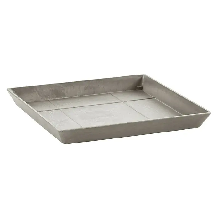 Ecopots Rotterdam Kasten-Untersetzer - 34,2 x 31,8 x 3,5 cm, Kunststoff, Braungrau - Ein graues Pflanzgefäß mit einem quadratischen Design, ideal für den Innen- und Außenbereich, um Pflanzen stilvoll zu präsentieren.