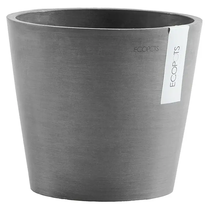 Ecopots Amsterdam Pflanztopf - Außenmaß (Ø x H): 20 x 17,1 cm, Kunststoff, Grau - Grauer Pflanztopf von ECOPOTS, konisch geformt, mit dezentem Markenetikett, ideal für Innen- und Außenbereiche, bietet stilvolle Pflanzenpräsentation.