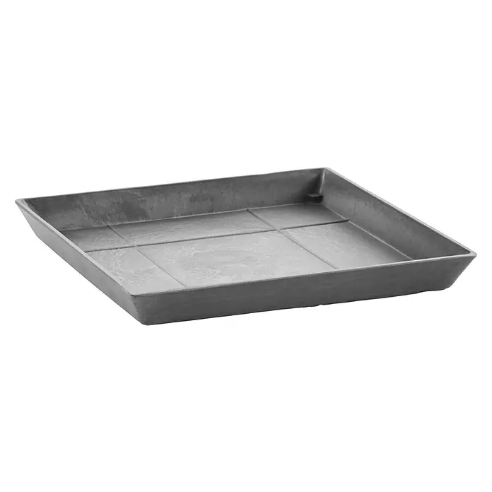Ecopots Rotterdam Kasten-Untersetzer35,5 x 35,5 x 3,5 cm, Kunststoff, Grau - Hier ist ein Bild von einer grauen quadratischen Pflanzschale, die sich ideal für den Einsatz im Garten oder im Haus eignet und perfekt zum Gärtnern ist.
