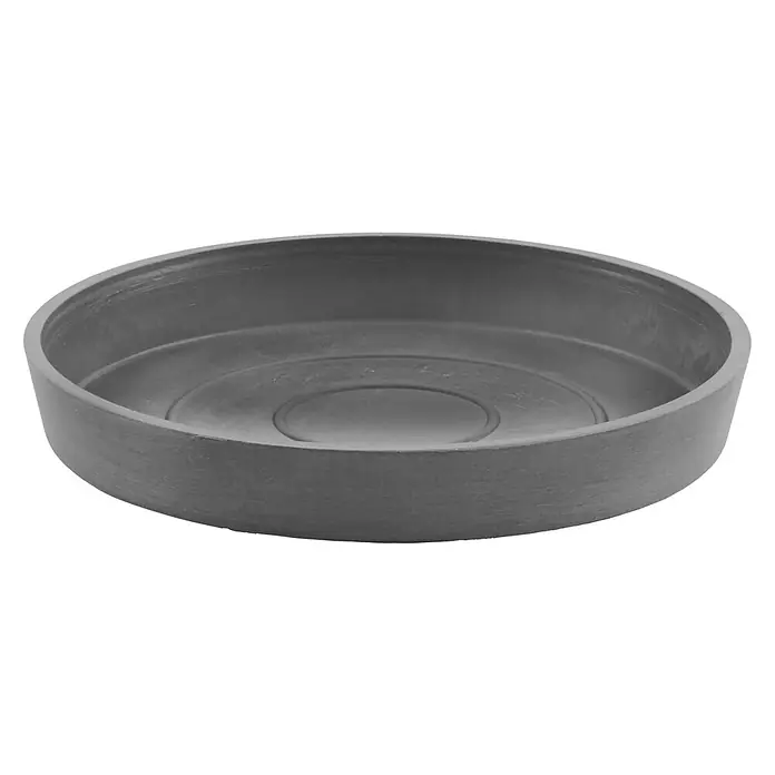 Ecopots Amsterdam Blumentopf-Untersetzer - Außenmaß (Ø x H): 16,5 x 2,5 cm, Kunststoff, Grau - Nahaufnahme einer runden, grauen Pflanzenuntertasse mit erhöhten Rändern und konzentrischen Kreisen im Inneren für Blumentöpfe.