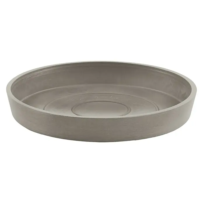 Ecopots Amsterdam Blumentopf-Untersetzer - Außenmaß (Ø x H): 16,5 x 2,5 cm, Kunststoff, Braungrau - Nahaufnahme einer runden, grauen Pflanzenuntertasse aus Kunststoff. Sie dient zum Auffangen von überschüssigem Wasser.