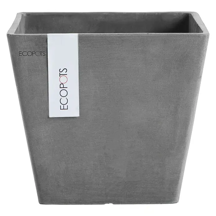 Ecopots Rotterdam Pflanzkasten - Außenmaß (L x B x H): 20,3 x 20,3 x 17,8 cm, Kunststoff, Grau - Grauer, quadratischer ECOPOTS Pflanztopf mit sanft zulaufenden Seiten und einem angebrachten Etikett, der sich ideal für Pflanzen eignet.