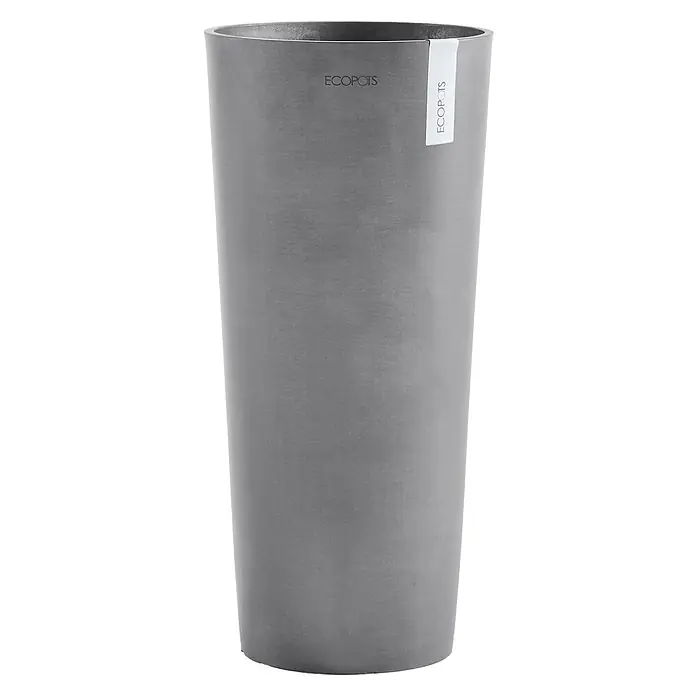 Ecopots Amsterdam Pflanzsäule rund High - Außenmaß (Ø x H): 32,5 x 70 cm, Kunststoff, Grau - Ein schlanker, grauer Pflanztopf von Ecopots mit einem dezenten Logo und einem weißen Etikett, ideal für moderne Innenräume und Gärten.