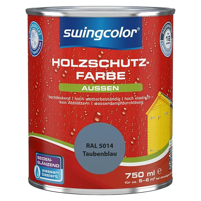 swingcolor Holzschutzfarbe - Taubenblau, 750 ml, Seidenglänzend - Abbildung einer Dose Swingcolor Holzschutzfarbe, Farbe RAL 5014 Taubenblau, wasserbasiert und seiden-glänzend für Aussenbereich.