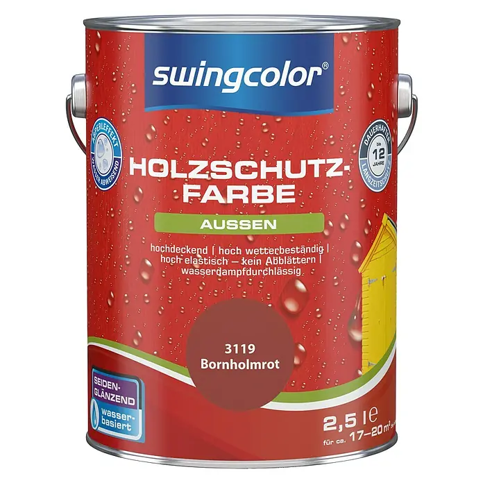 swingcolor HolzschutzfarbeBornholmrot, 2,5 l, Seidenglänzend, Wasserbasiert - Dose Holzschutzfarbe "Bornholmrot" von Swingcolor. Holzschutzlasur für Außenbereiche, wasserabweisend und dauerhaft für bis zu 12 Jahre.