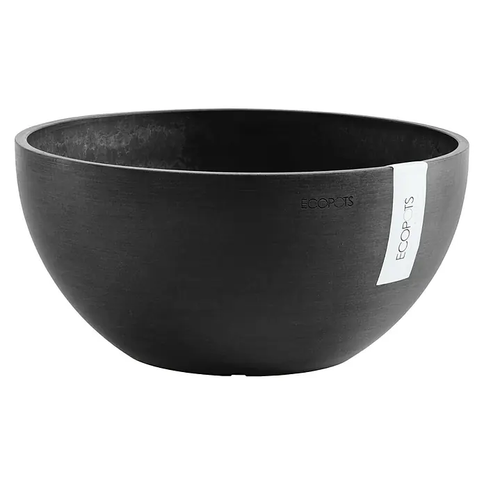 Ecopots Brussels Pflanzschale rund - Außenmaß (Ø x H): 30 x 14,8 cm, Kunststoff, Dunkelgrau - Nahaufnahme eines schwarzen, halbkugelförmigen Pflanzgefäßes der Marke Ecopots mit einem schlichten, modernen Design und einer glatten Oberfläche.