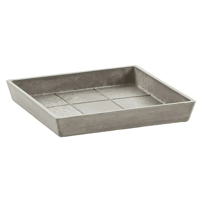 Ecopots Rotterdam Kasten-Untersetzer - 16,5 x 16 x 2,5 cm, Kunststoff, Braungrau - Ein quadratischer, grauer Pflanzkasten mit einem strukturierten Boden für den Innen- und Außenbereich. Ideal für Pflanzen und Kräuter.