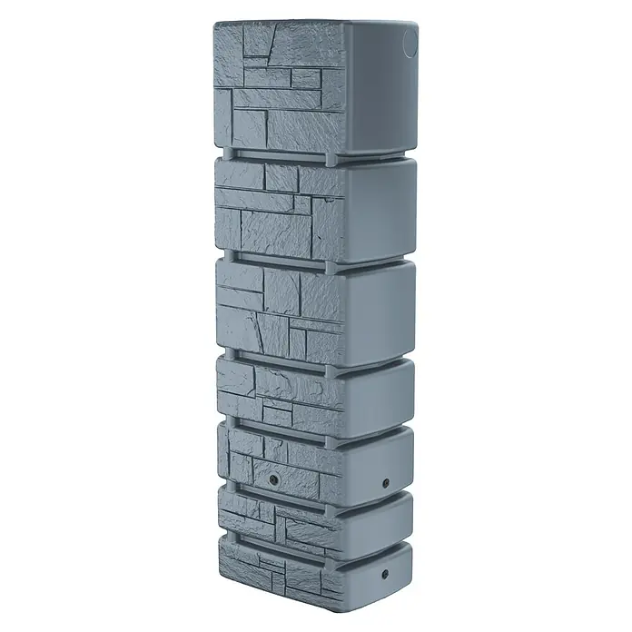 Regenspeicher Tower Stone - 350 l, Hellgrau - Eine graue, hohe Wassersäule mit Steinmusterung. Sie ist modular aufgebaut und wirkt rustikal und modern zugleich.