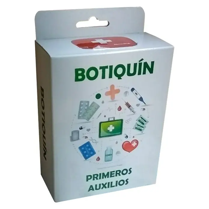 Botiquín de primeros auxilios - Rojo, Plástico - Imagen de una caja de medicamentos blanca con las palabras "BOTIQUÍN" y "PRIMEROS AUXILIOS", que representa un botiquín de primeros auxilios.