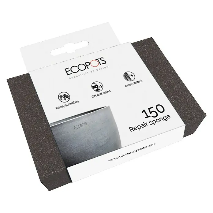 Ecopots Schleifschwamm - Passend für: Alle Ecopots- Pflanztöpfe und Untersetzer - Ein grauer ECOPOTS Reparaturschwamm, ideal zum Entfernen von Kratzern, Schmutz und Flecken, und zur Mooskontrolle, wird in einer Kartonverpackung präsentiert.