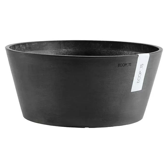 Ecopots Pflanzschale rund Frankfurt - Außenmaß (Ø x H): 50 x 25,7 cm, Kunststoff, Dunkelgrau - Ein schlichter, schwarzer ECOPOTS Pflanztopf mit sanft geschwungenen Linien, ideal für den Innen- und Außenbereich, mit dezentem Markenetikett.