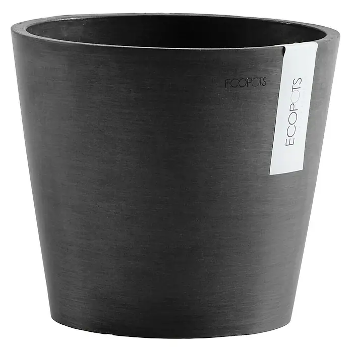 Ecopots Amsterdam Pflanztopf - Außenmaß (Ø x H): 20 x 17,1 cm, Kunststoff, Dunkelgrau - Nahaufnahme eines grauen ECOPOTS-Blumentopfes mit konischer Form und dem ECOPOTS-Logo. Ideal für stilvolle Innen- und Außendekoration.