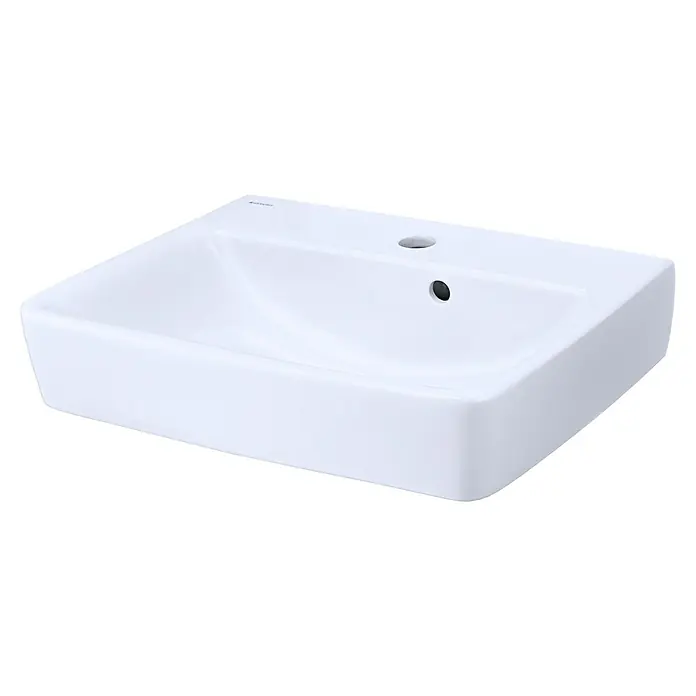 Geberit Renova Plan Waschbecken-Set - 50 x 38 cm, Ohne Spezialglasur, Hahnloch: Mitte, Mit Überlauf, Weiß - Das Bild zeigt ein Aufsatzwaschbecken aus Keramik in Weiß. Es ist rechteckig und hat einen Hahnloch und Überlauf, perfekt für moderne Badezimmer.