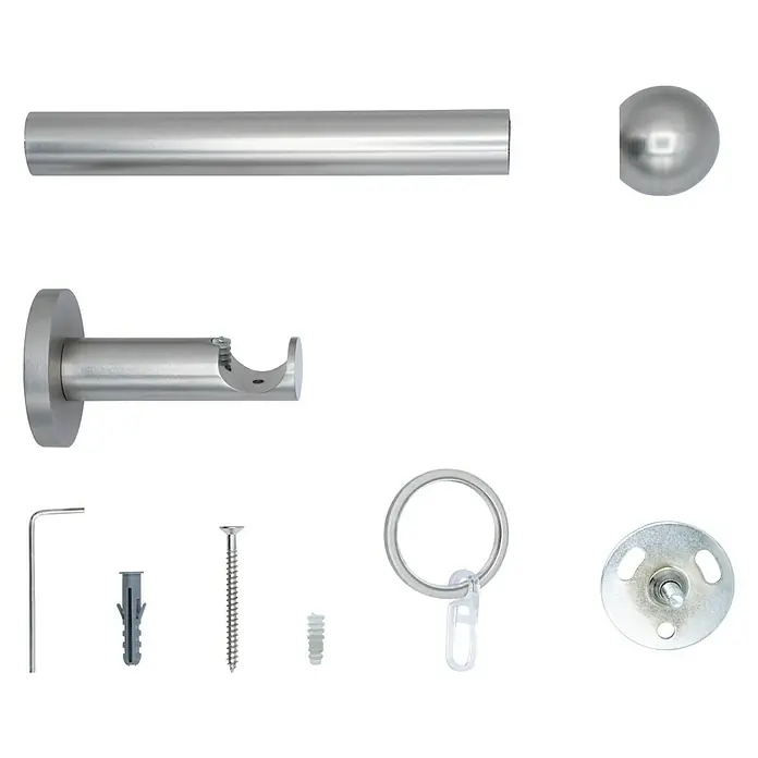 Stilgarnitur Function BallLänge Gardinenstange: 150 cm, Edelstahloptik - Detailaufnahme eines Gardinenstangensets, inklusive Stange, Halterung, Endstück und Montagematerial für eine stilvolle Fensterdekoration.