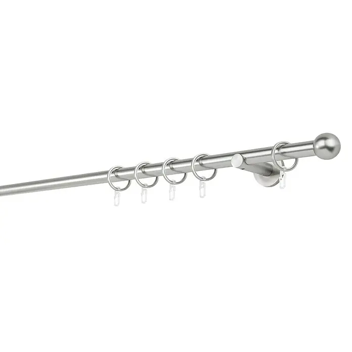 Stilgarnitur Function BallLänge Gardinenstange: 150 cm, Edelstahloptik - Eine Gardinenstange aus Metall mit Ringen und einem Endstück in Kugelform. Ideal für moderne Wohnräume.