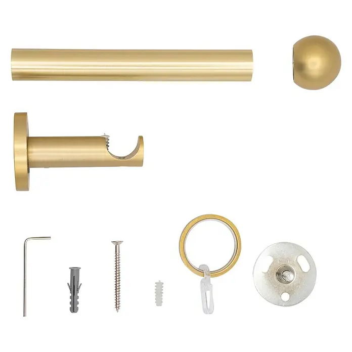 Stilgarnitur Function Ball - Länge Gardinenstange: 280 cm, Messing Matt - Detailaufnahme einer goldenen Gardinenstange mit Zubehör. Das Set beinhaltet Halterungen, Ringe und Befestigungsmaterialien für die Wandmontage.