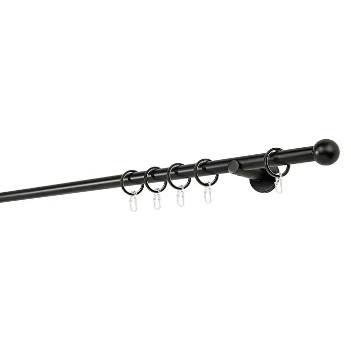 Stilgarnitur Function Ball - Länge Gardinenstange: 350 cm, Schwarz - Nahaufnahme einer schwarzen Vorhangstange mit Ringen und Clips, die eine elegante Fensterdekoration zeigt.
