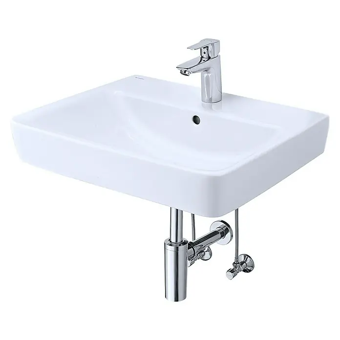 Geberit Renova Plan Waschtisch-Set - 60 x 48 cm, Ohne Spezialglasur, Hahnloch: Mitte, Mit Überlauf, Weiß, Mit Zubehör - Weißes Aufsatzwaschbecken mit glänzender Armatur und verchromtem Siphon vor schwarzem Hintergrund.