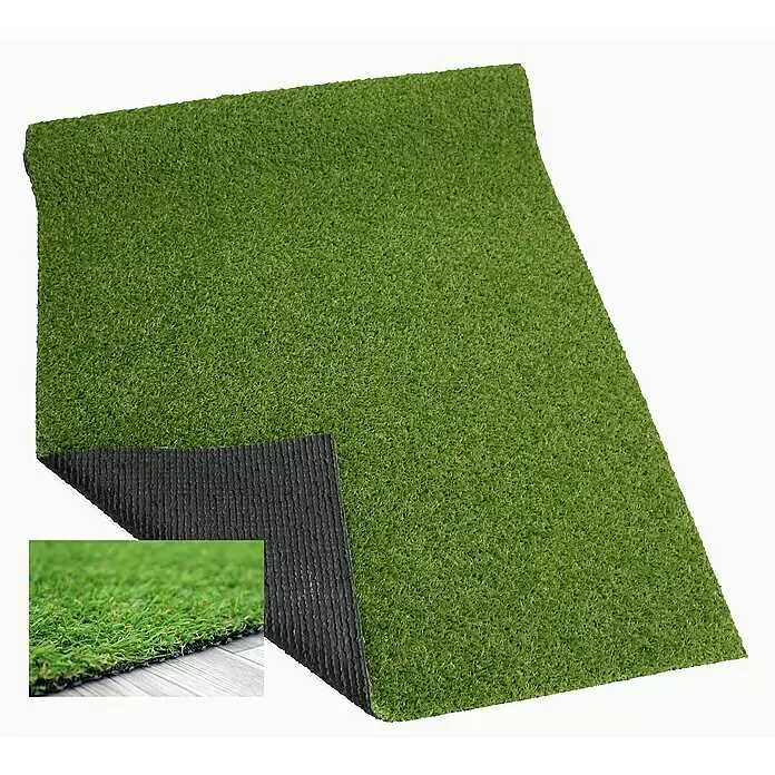 Rasenteppich - L x B: 300 x 133 cm, Grün - Kunstrasenrolle mit grüner Oberfläche und sichtbarer schwarzer Unterseite, inklusive Detailaufnahme des Grasflors.