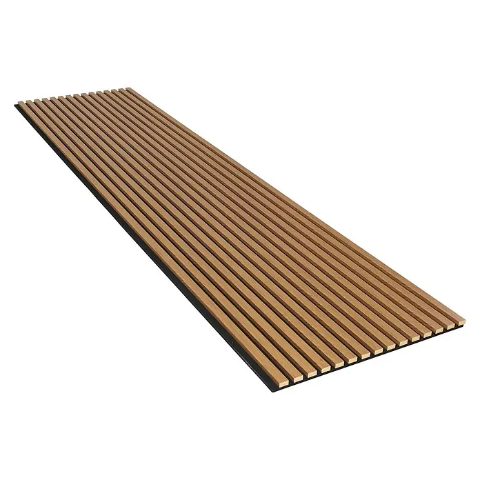 FibroTech Akustikpaneel Unika 25 - Oiled Oak, 2.440 x 600 x 22 mm - Dunkelbraune Akustikpaneele zur Wandverkleidung. Sie sind länglich und haben eine Holzlattenstruktur auf schwarzem Filz.