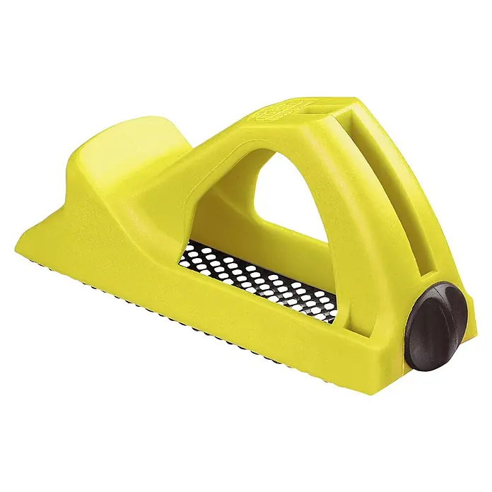 Stanley Blockhobel Surform - Kunststoff, Länge: 155 mm - Gelbe Surform-Hobel mit schwarzer Schleiffläche, ideal zum Bearbeiten von Holz und Kunststoff. Praktisch für Heimwerkerprojekte.