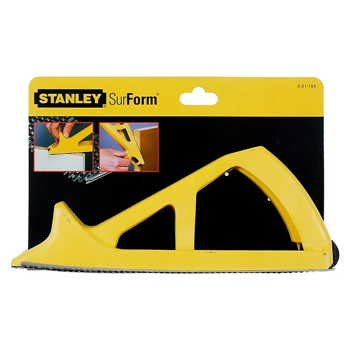 Stanley Blockhobel Surform - Kunststoff, Länge: 270 mm - Nahaufnahme eines Stanley Surform Werkzeugs, ideal zum Formen und Glätten von Holzoberflächen, präsentiert in seiner Verkaufsverpackung.