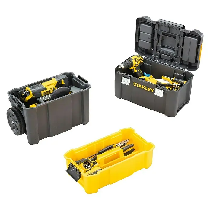 Stanley Rollende Profi-Box - Ohne Werkzeug, L x B x H: 47,5 x 28,5 x 62,3 cm - Drei Stanley Werkzeugkästen mit verschiedenen Werkzeugen in Gelb und Grau, dargestellt auf schwarzem Hintergrund.
