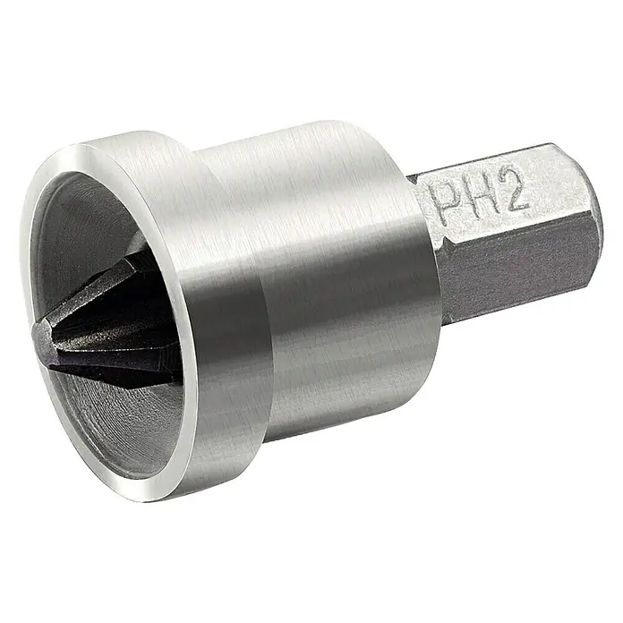 Stanley Bit Trockenbau STHT0-16137 - Passend für: 8/10 mm Bohrfutter - Nahaufnahme eines silberfarbenen PH2-Schraubendreherbits mit Tiefenanschlag, ideal für präzise Schraubarbeiten. Dieses Werkzeug ist ein Muss für jeden Handwerker.