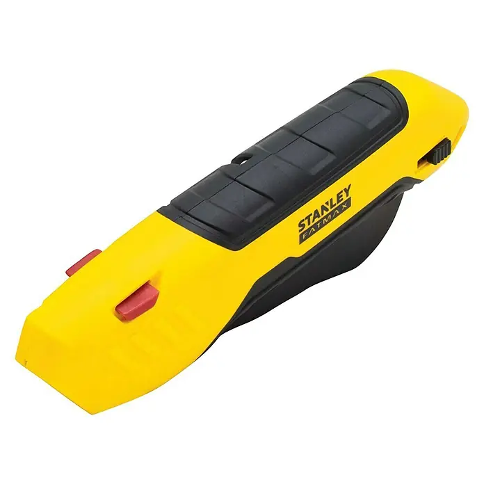 Stanley FatMax Sicherheitsmesser FMHT10369-0 - Trapezklinge - Das Stanley FatMax Schneidemesser ist ein gelbes und schwarzes Werkzeug zum präzisen Schneiden verschiedener Materialien.