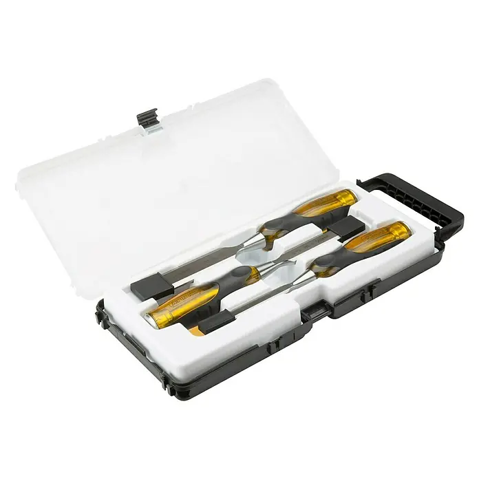 Stanley FatMax Stechbeitelsatz 2-16-268 - Klingenbreite 12/18/25 mm, 3 -tlg. - Ein Set Stecheisen in einem schwarzen Kunststoffkoffer mit transparentem Deckel, perfekt für präzise Holzarbeiten und DIY-Projekte.