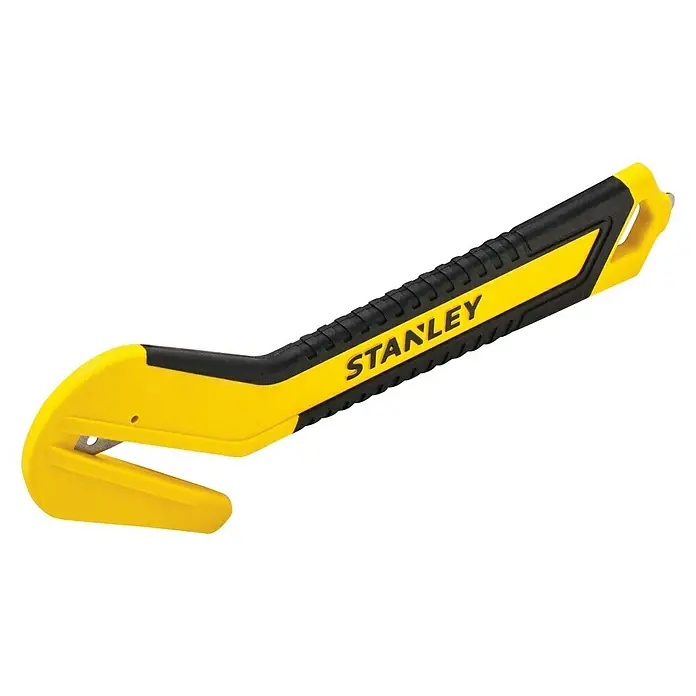 Stanley Sicherheitsmesser Komfort STHT10357-1Gebogen, 190 mm - Ein gelbes Stanley-Teppichmesser mit schwarzem Griff auf schwarzem Hintergrund. Ein unverzichtbares Werkzeug für jeden Handwerker.