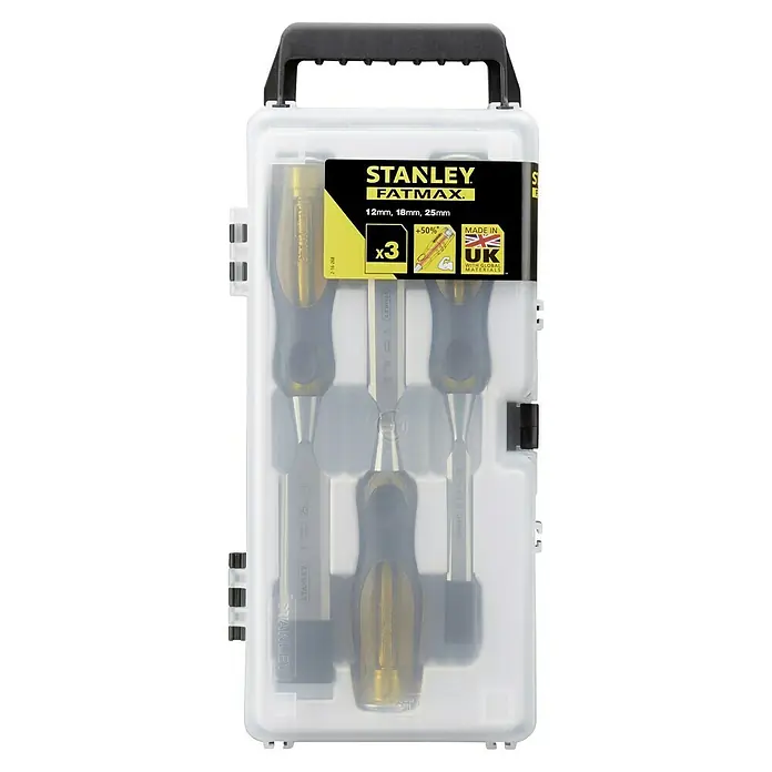 Stanley FatMax Stechbeitelsatz 2-16-268 - Klingenbreite 12/18/25 mm, 3 -tlg. - Stanley Fatmax Stechbeitel-Set (12mm, 18mm, 25mm) im transparenten Kunststoffkoffer mit schwarzem Tragegriff, ideal für Holzarbeiten und Heimwerkerprojekte.