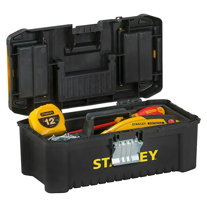 Stanley Werkzeugkasten ESSENTIAL™ STST1-75515Kunststoff, L x B x H: 12 cm x 32 mm x 19 cm - Offener Stanley Werkzeugkasten mit Werkzeugen wie Schraubendreher und Maßband. Ideal für Handwerker und Heimwerker.