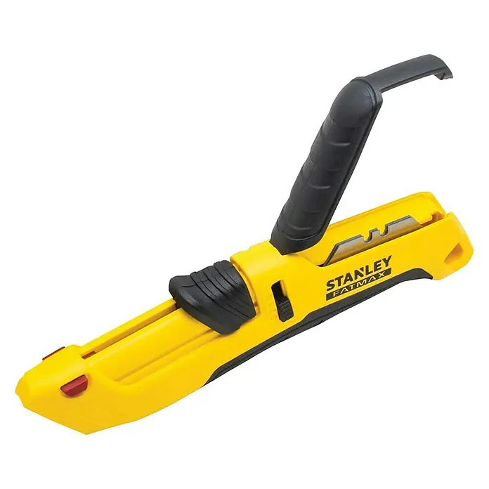 Stanley FatMax Sicherheitsmesser FMHT10369-0 - Trapezklinge - Ein gelbes Stanley Fatmax Teppichmesser mit schwarzem Griff und Schiebeknopf, ideal für präzise Schnitte in verschiedenen Materialien.