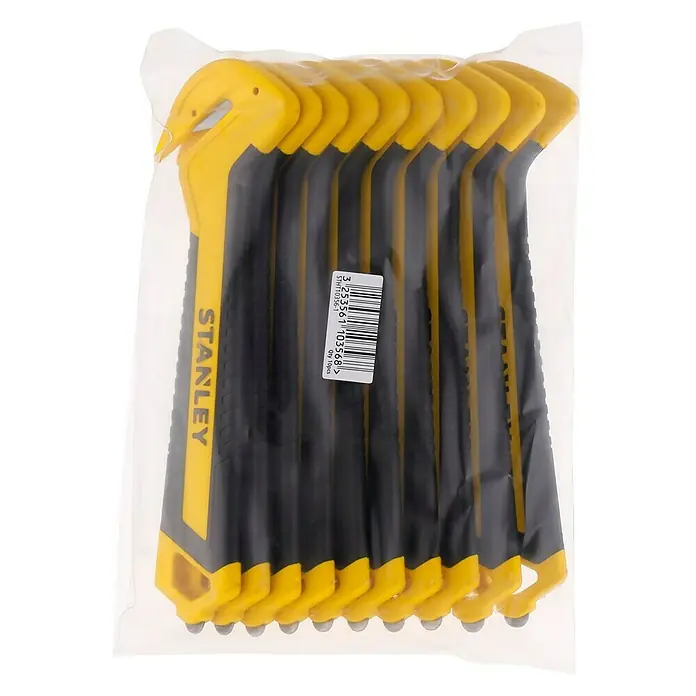 Stanley Sicherheitsmesser Komfort STHT10356-0Gebogen, 165 mm - Eine Packung Stanley-Messer mit gelben und schwarzen Griffen in einer durchsichtigen Plastikverpackung, ideal für den täglichen Gebrauch.
