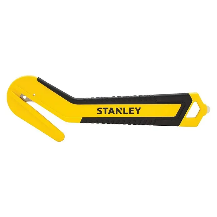 Stanley Sicherheitsmesser Komfort STHT10357-1Gebogen, 190 mm - Das Bild zeigt ein gelbes Stanley Werkzeug mit schwarzem Griff und einer gebogenen Schneideklinge, das für verschiedene Schneidearbeiten geeignet ist.