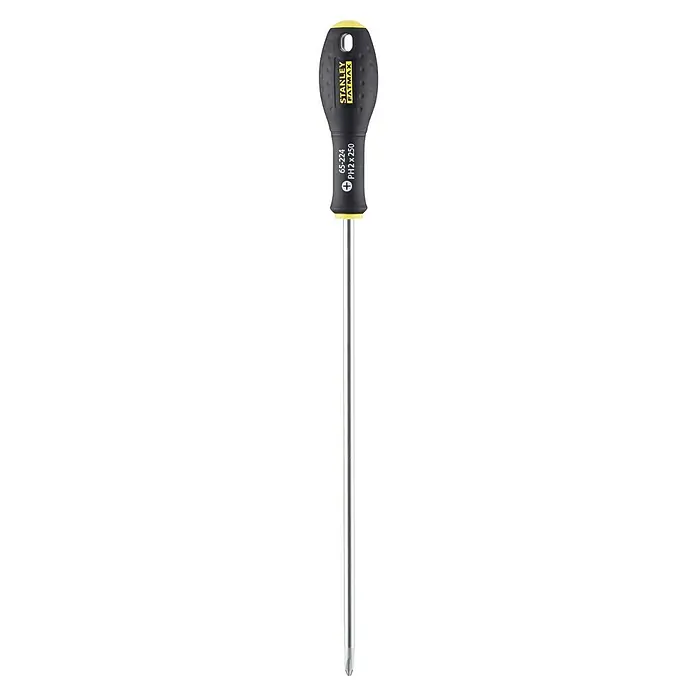 Stanley FatMax Schraubendreher - Klingenlänge: 250 mm, PH 2 - Eine lange Kreuzschlitzschraubendreher der Marke Stanley Fatmax mit einem schwarzen Griff und einer gelben Spitze.