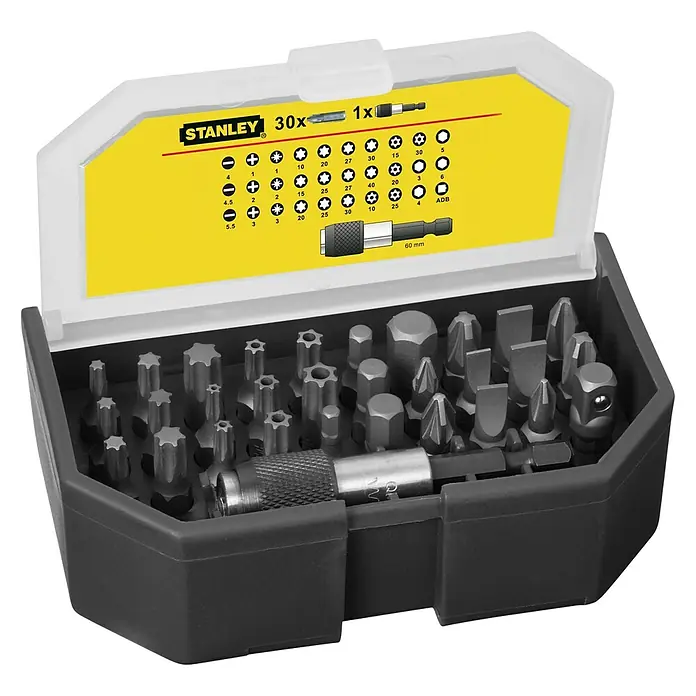 Stanley Bit-Set 1-13-90331 Stk. - Das Stanley 30x Schraubendreher-Bit-Set, ein vielseitiges Werkzeugset, präsentiert in einer robusten Aufbewahrungsbox, ideal für Heimwerker und Profis.