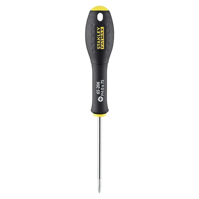 Stanley FatMax Schraubendreher - Klingenlänge: 75 mm, PH 0 - Nahaufnahme eines Stanley Fatmax Schraubendrehers mit Kreuzschlitz. Ideal für präzise Schraubarbeiten.