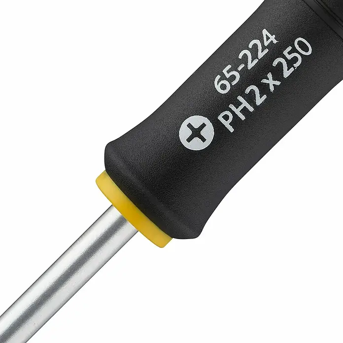 Stanley FatMax Schraubendreher - Klingenlänge: 250 mm, PH 2 - Abbildung eines Kreuzschlitzschraubendrehers PH2 x 250 mit schwarzem Griff und gelbem Kragen.