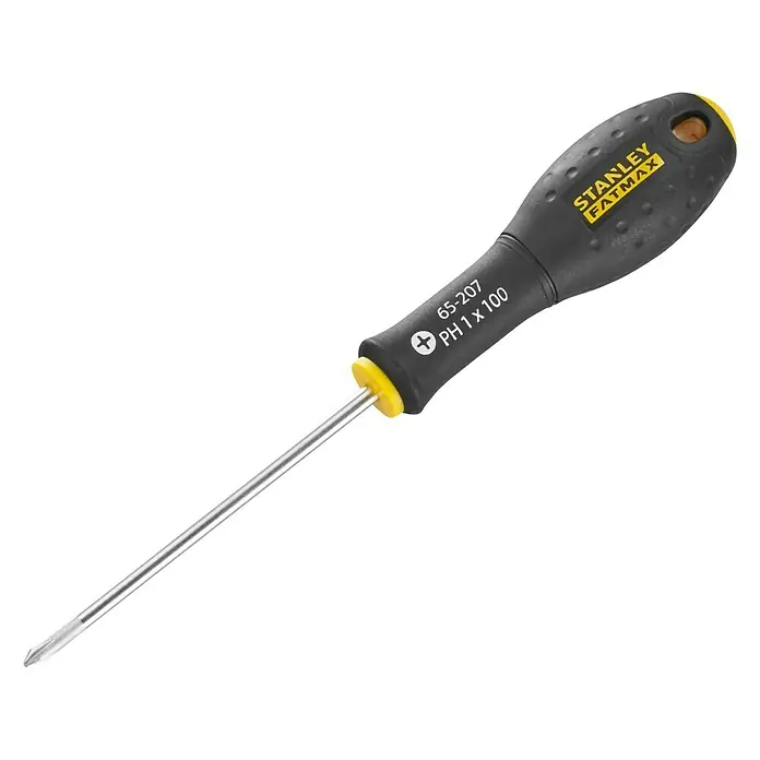 Stanley FatMax Schraubendreher - Klingenlänge: 100 mm, PH 1 - Nahaufnahme eines STANLEY Fatmax Kreuzschlitzschraubendrehers, Modell 65-207 PH 1 x 100, mit ergonomischem Griff und Chrom-Vanadium-Stahlklinge.