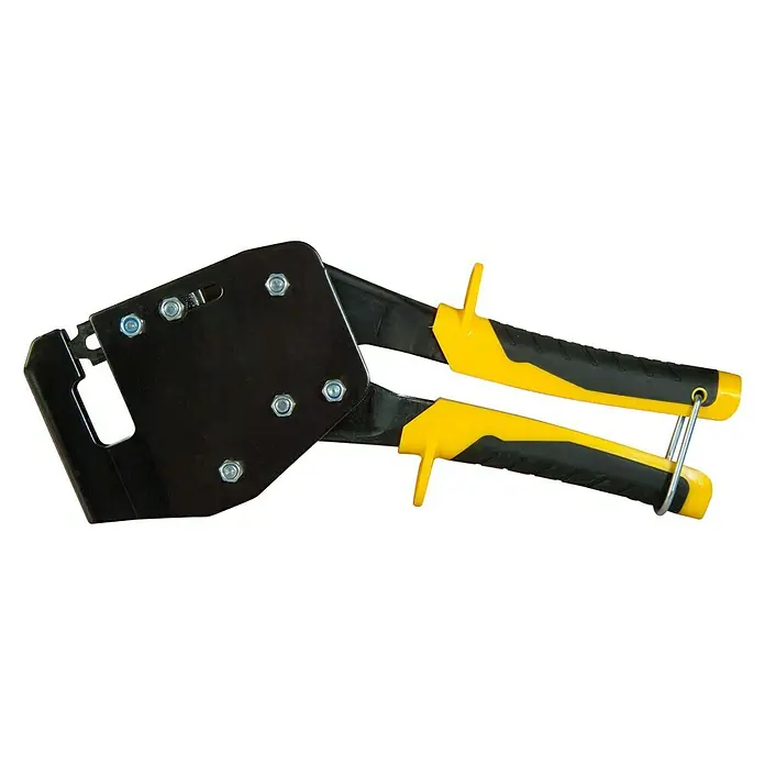 Stanley Profilverbundzange 1-69-100 - Passend für: Für Blechstärken bis 0,8 mm geeignet. - Nahaufnahme einer Blechknabber-Handstanze mit gelb-schwarzen Griffen und Bolzen, ideal für präzise Blecharbeiten und saubere Schnitte.