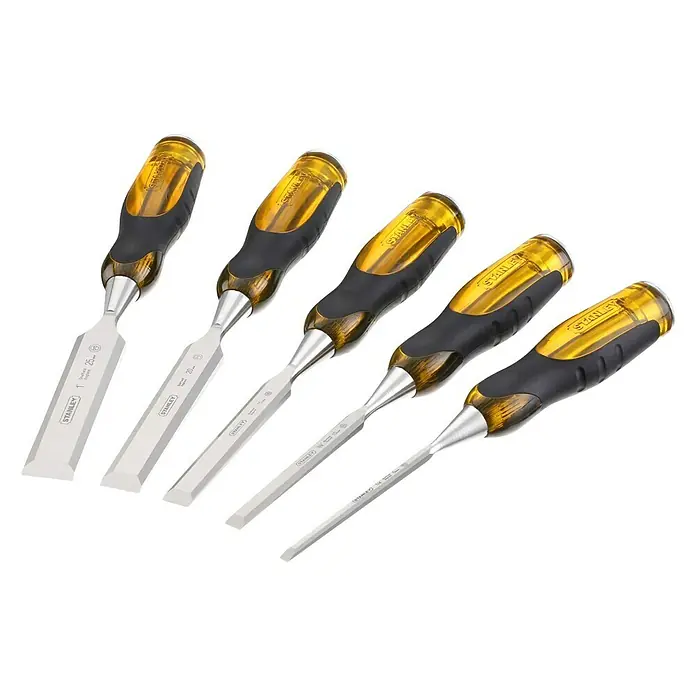 Stanley FatMax Stechbeitelsatz 2-16-271 - 5 -tlg., Klingenbreite 6/10/15/20/25 mm - Ein Satz von fünf Stanley-Stecheisen mit robusten, ergonomischen Griffen und scharfen Klingen für präzise Holzarbeiten.
