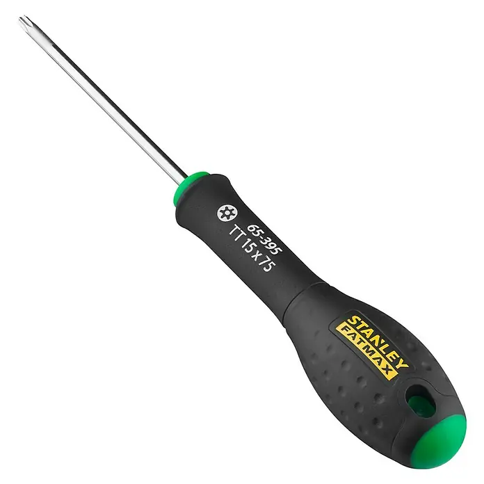 Stanley FatMax Schraubendreher - TX 15, Klingenlänge: 75 mm - Abgebildet ist ein Stanley Fatmax Schraubendreher TT15 x 75, ideal für präzise Schraubarbeiten und mit ergonomischem Griff für Komfort.